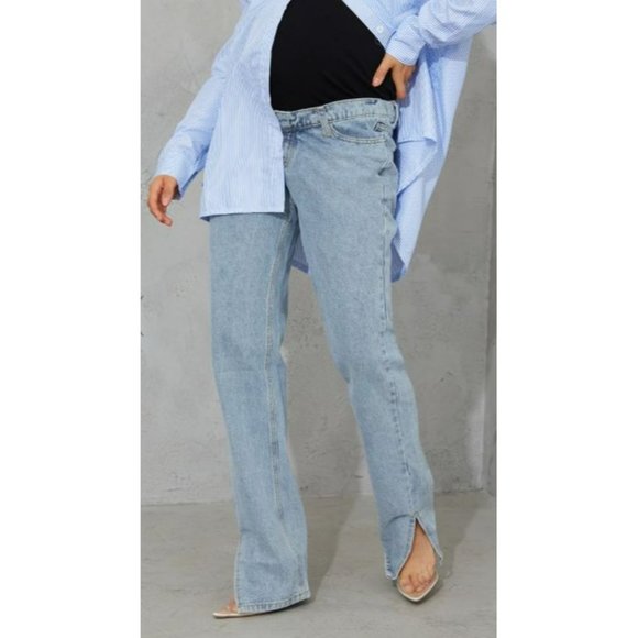 PrettyLittleThing Denim - Pretty Little Thing Maternity Mid Wash split hem jeans size 10/12